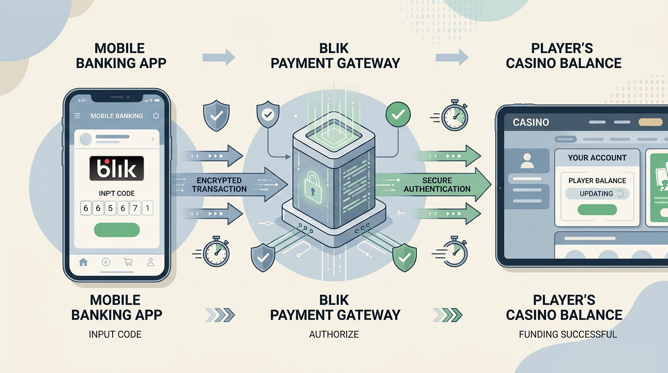 Infografika przedstawiająca architekturę płatności BLIK w kasynie online przez bramkę płatniczą.