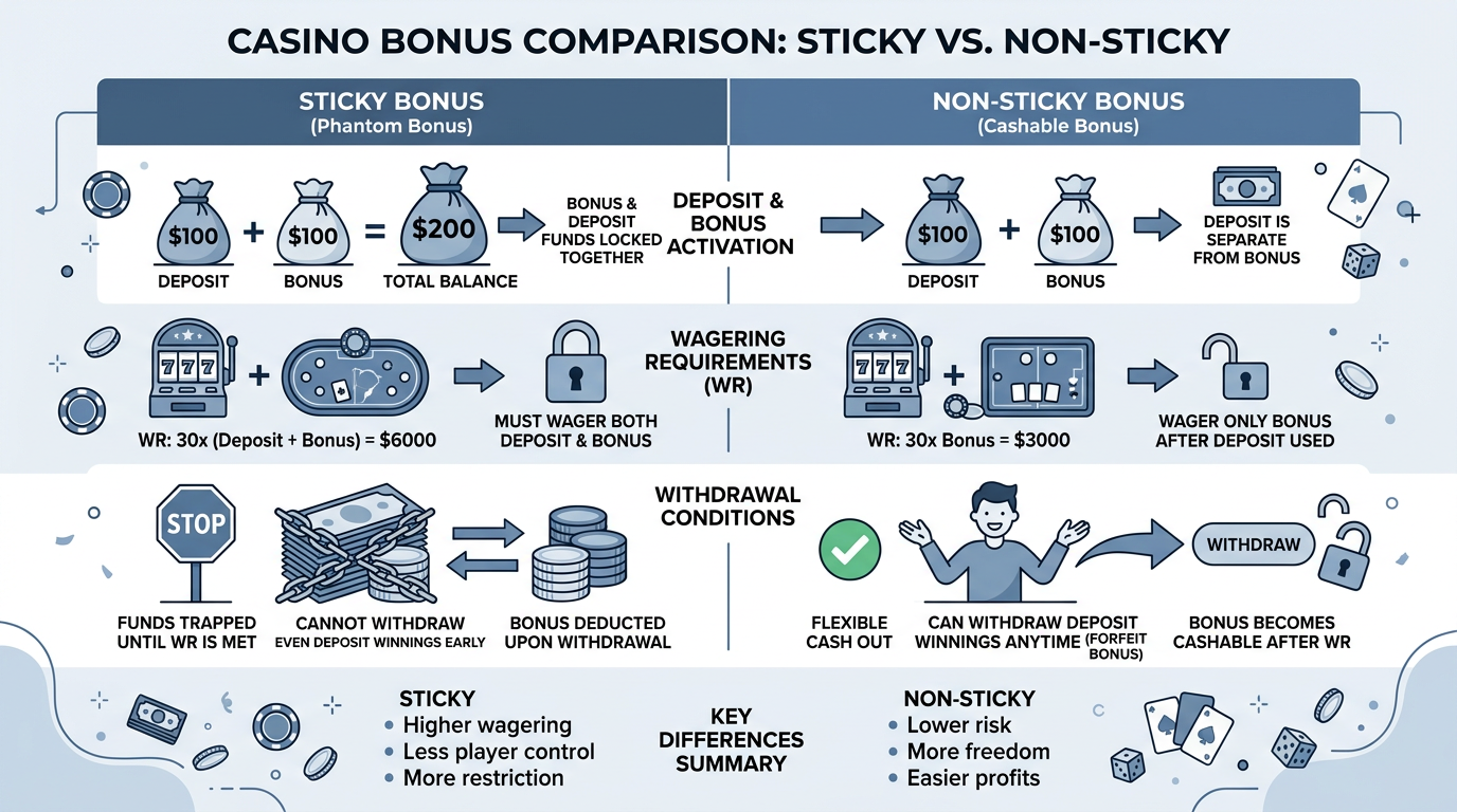 Infografika porównująca mechanikę bonusów kasynowych sticky i non-sticky