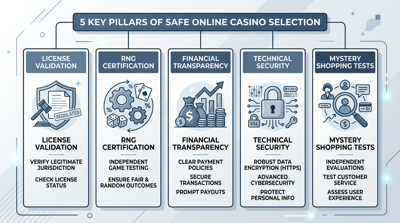 Infografika przedstawiająca filary bezpiecznego wyboru kasyna online w 2026 roku